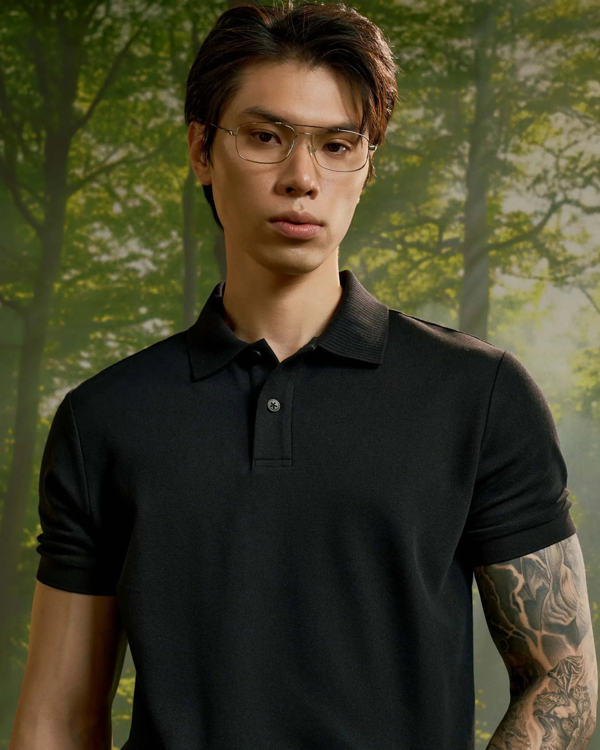 Black — Men's S.Cafe Short-Sleeve Polo Shirt — Ribbed Trim Collar